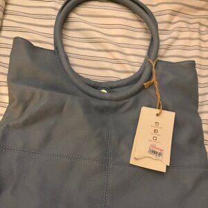 soft blue leather tote bag